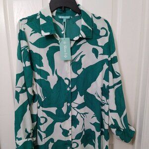 Green White Floral Long Sleeve Maxi Swimsuit Cover Up Dress